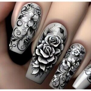 24-pcs. Medium Black & White Floral Rose Design Press-On Nails